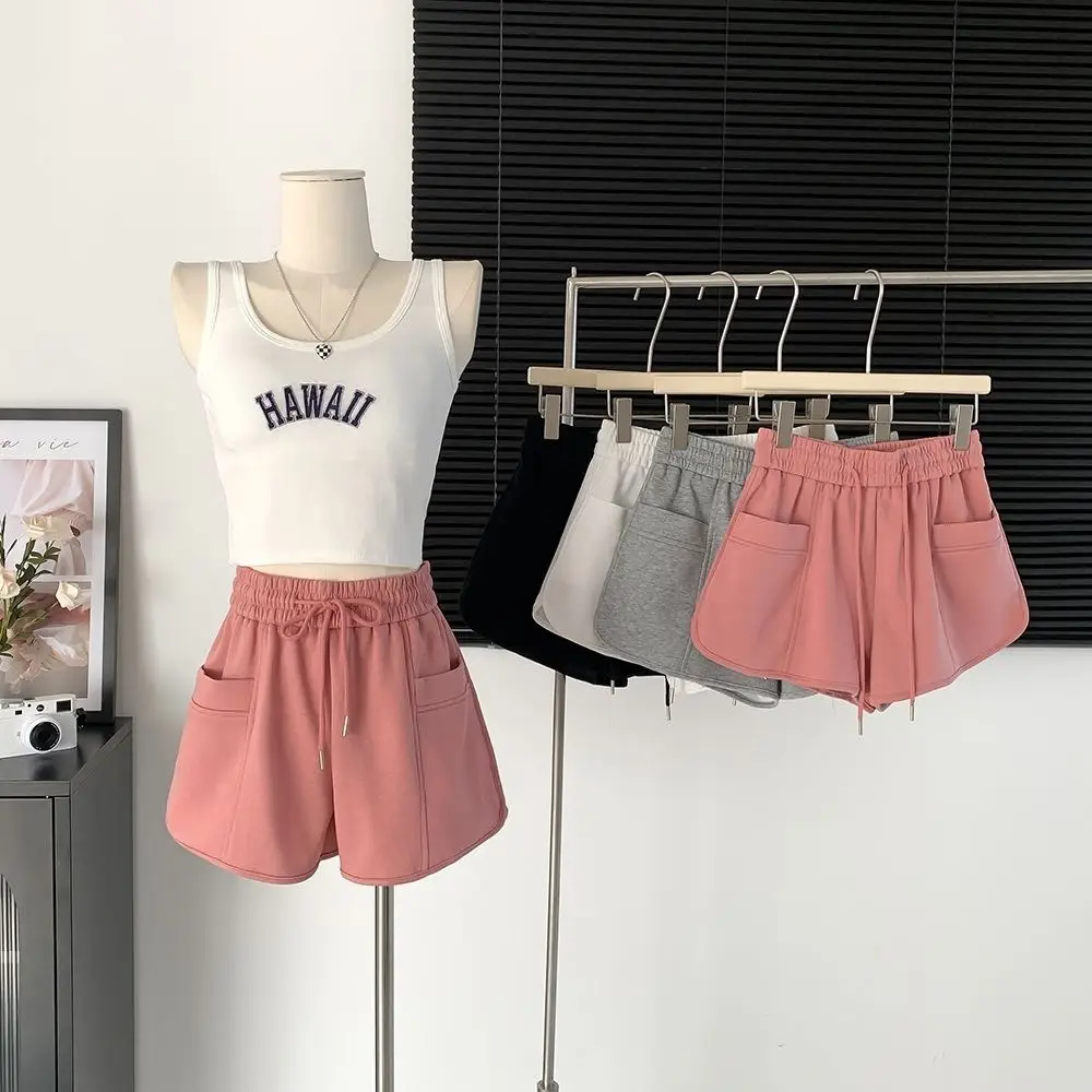Women's Pink Drawstring Shorts High Waist Loose Summer — feature 2