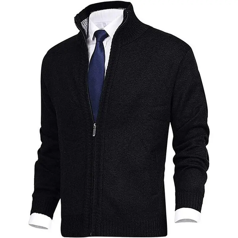 Men's Black Full Zip Cardigan with Stand Collar - Image 11