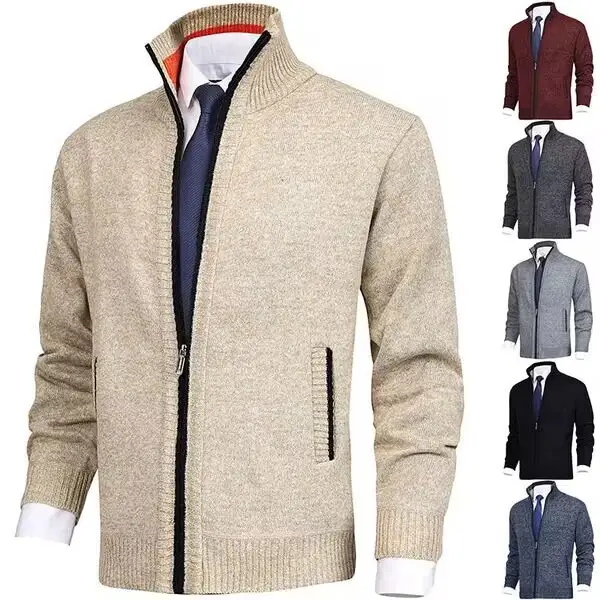 Men's Black Full Zip Cardigan with Stand Collar — feature 2