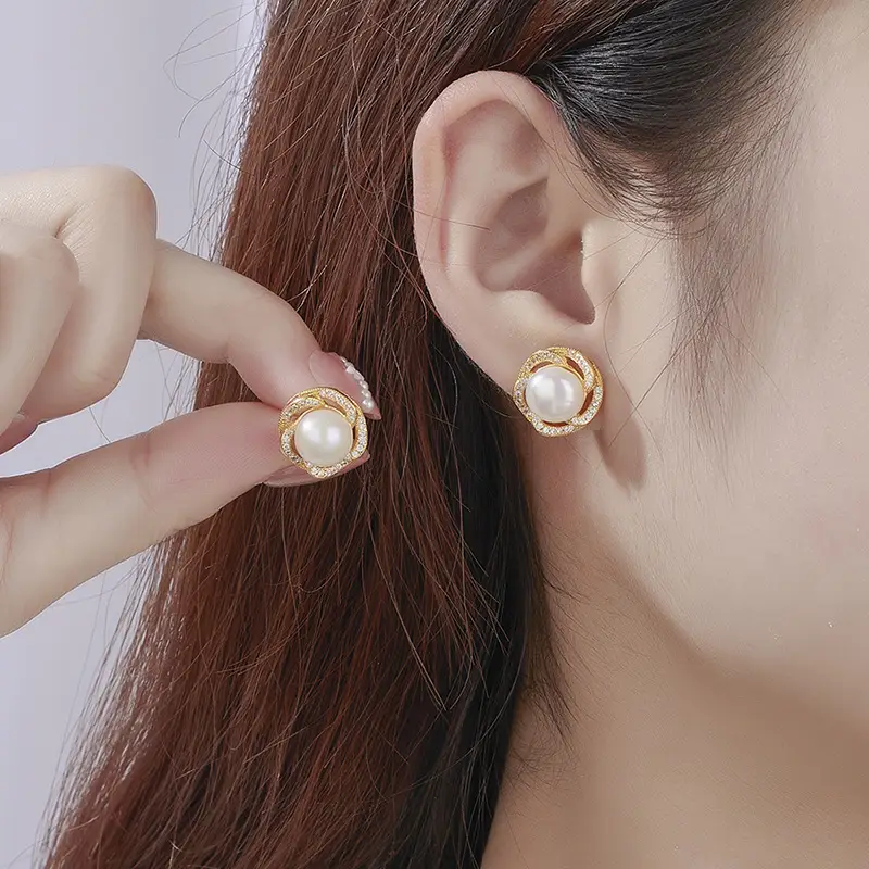 Pearl Earrings with Zircon Set Gold Plated - Image 2
