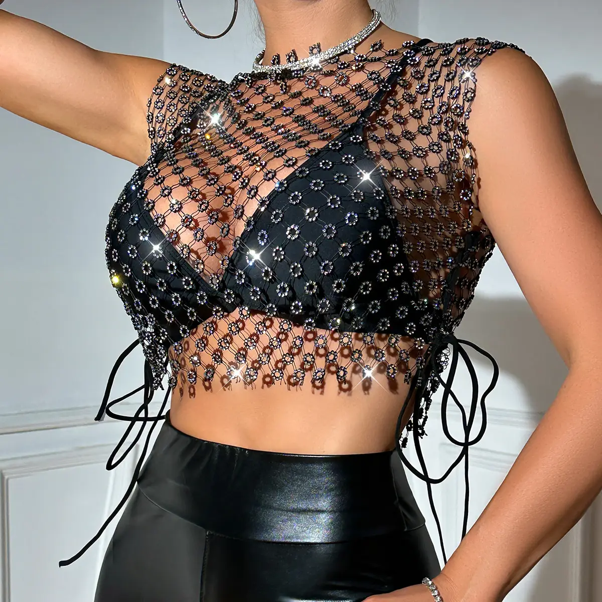 Amazon Cross-Border Nightclub Fishnet Vest with Rhinestones — feature 8