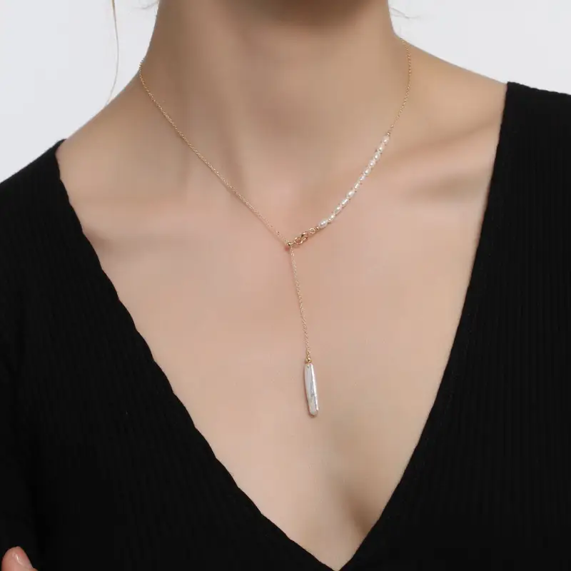 Pearl Necklace with Small Silver Bar & Copper Clavicle - Image 4
