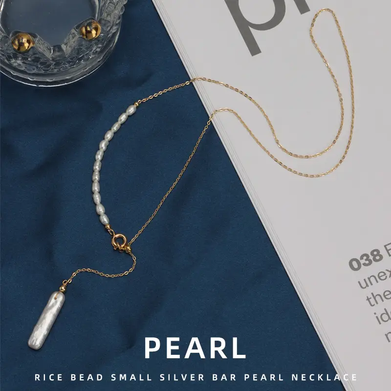 Pearl Necklace with Small Silver Bar & Copper Clavicle - Image 5