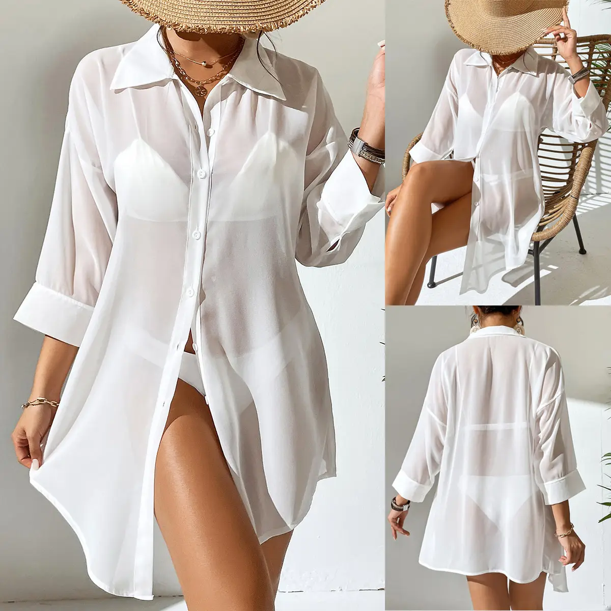 Women's White Chiffon Polo Shirt Casual Beach Top