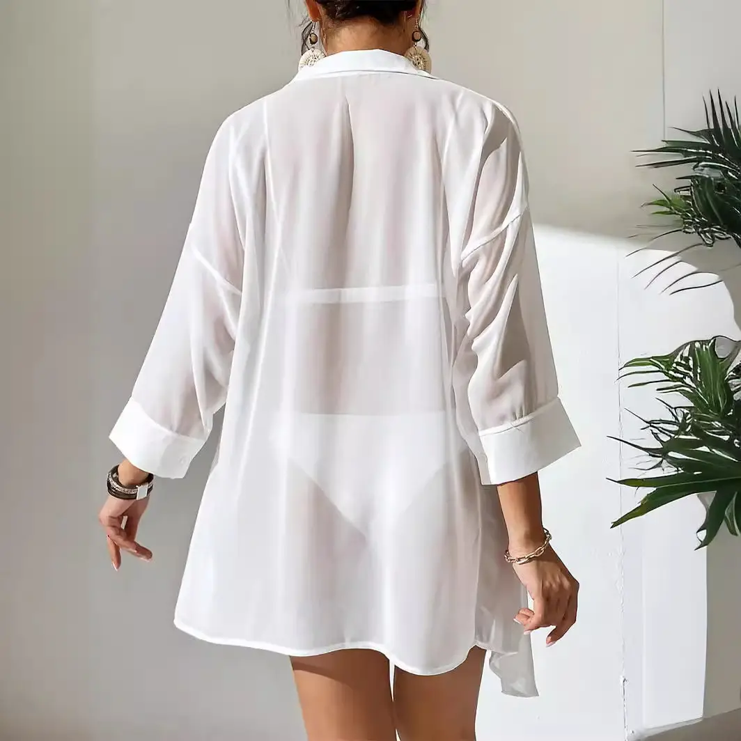 Women's White Chiffon Polo Shirt Casual Beach Top
