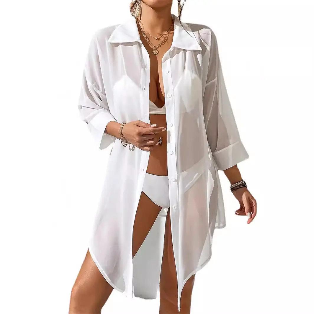 Women's White Chiffon Polo Shirt Casual Beach Top
