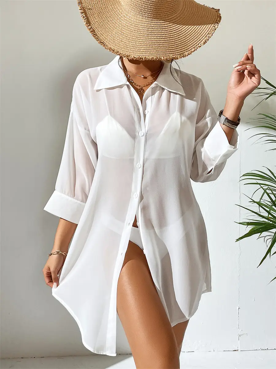 Women's White Chiffon Polo Shirt Casual Beach Top — feature 11