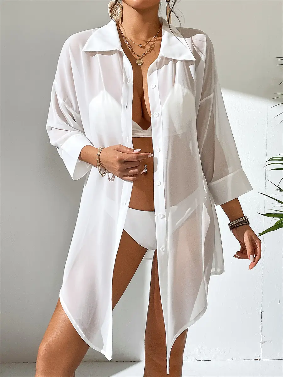 Women's White Chiffon Polo Shirt Casual Beach Top — feature 13
