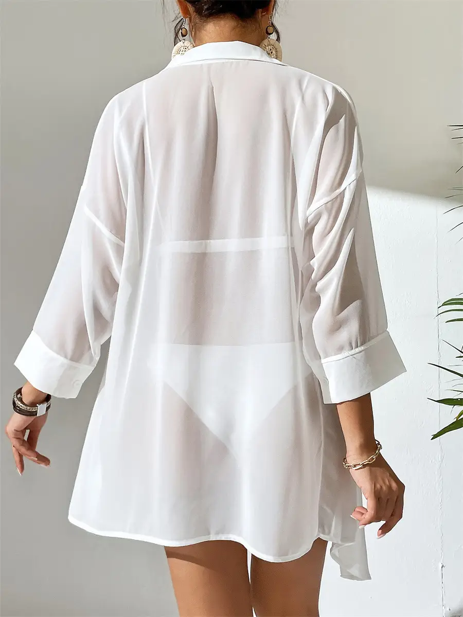 Women's White Chiffon Polo Shirt Casual Beach Top — feature 14