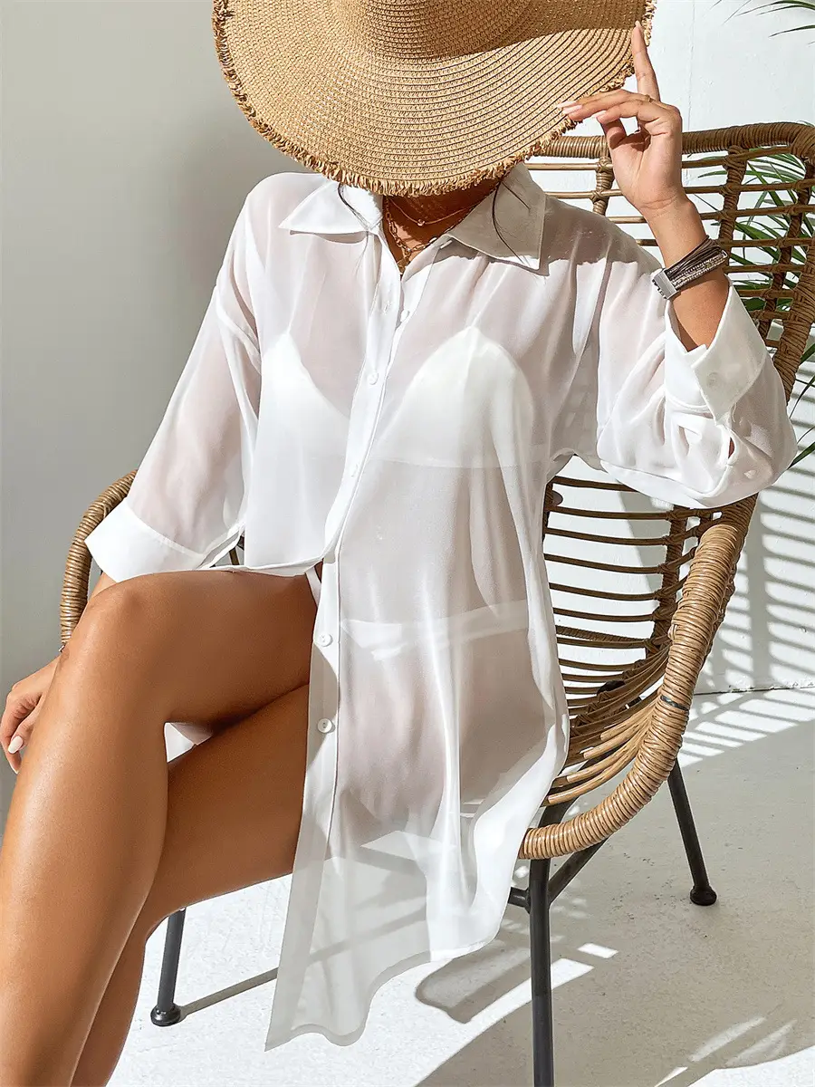 Women's White Chiffon Polo Shirt Casual Beach Top — feature 9