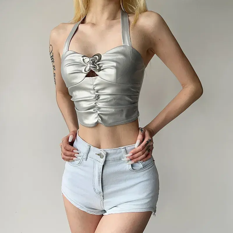 Silver Backless V-Neck Vest for Women 2023 Summer