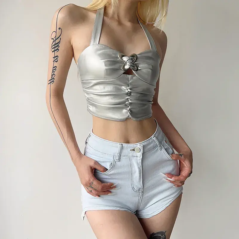 Silver Backless V-Neck Vest for Women 2023 Summer