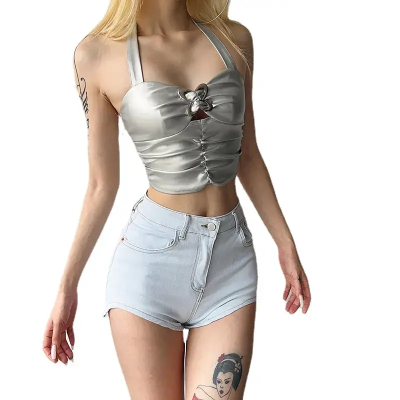 Silver Backless V-Neck Vest for Women 2023 Summer