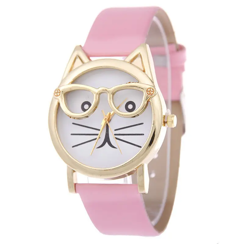 Cat Glasses Gold Watch for Women Pink Belt
