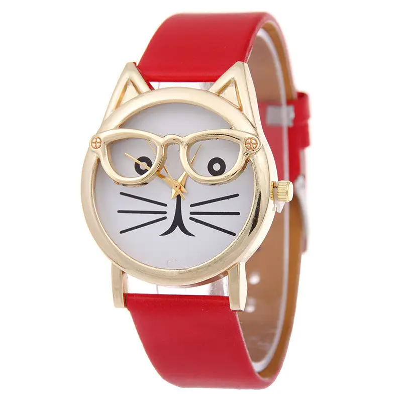 Cat Glasses Gold Watch for Women Pink Belt