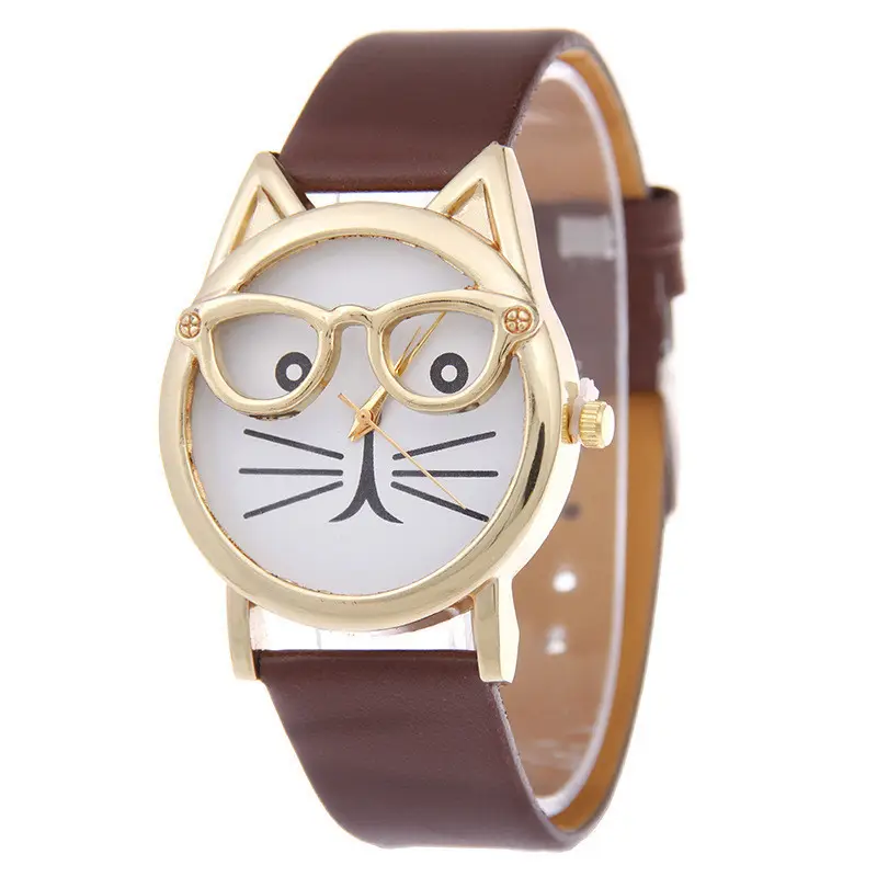 Cat Glasses Gold Watch for Women Pink Belt