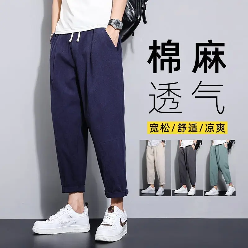Men Black Cotton Linen Ankle Pants Summer Casual - Image 8