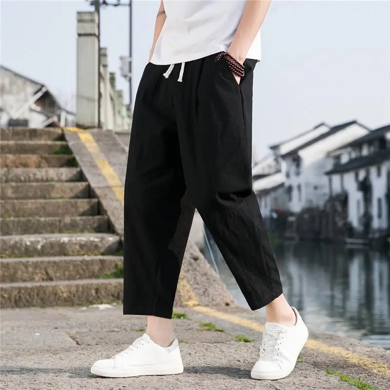 Men Black Cotton Linen Ankle Pants Summer Casual - Image 9