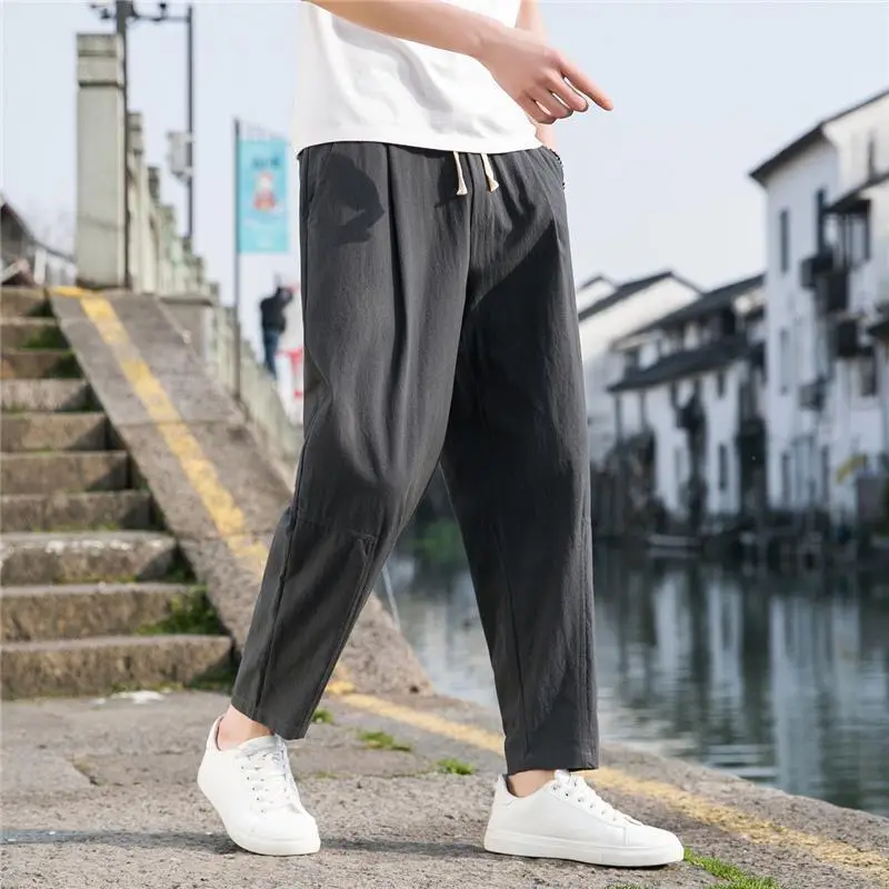Men Black Cotton Linen Ankle Pants Summer Casual - Image 11