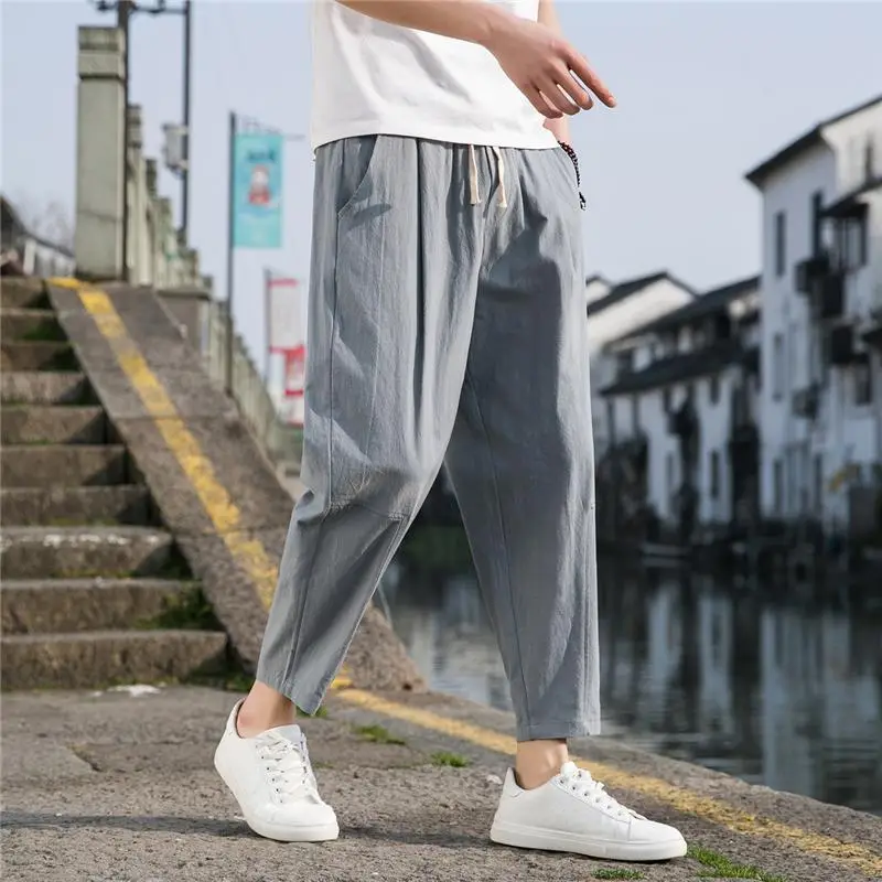 Men Black Cotton Linen Ankle Pants Summer Casual - Image 12