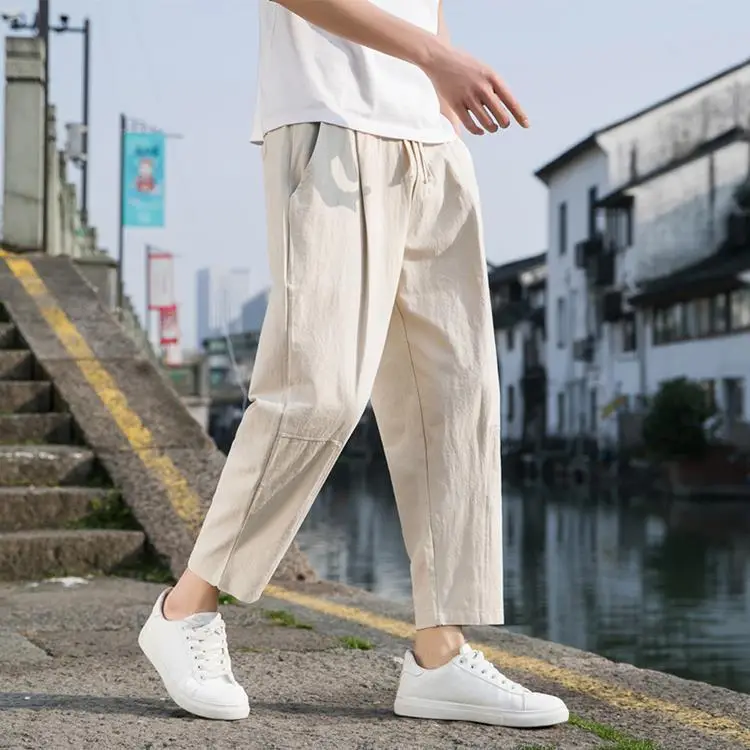 Men Black Cotton Linen Ankle Pants Summer Casual — feature 3