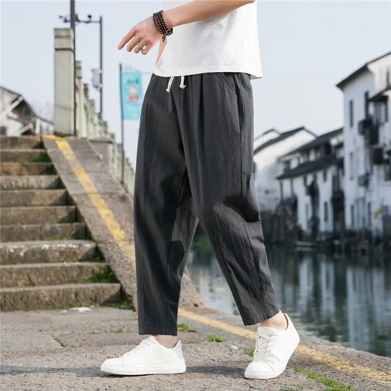 Men Black Cotton Linen Ankle Pants Summer Casual - Image 2
