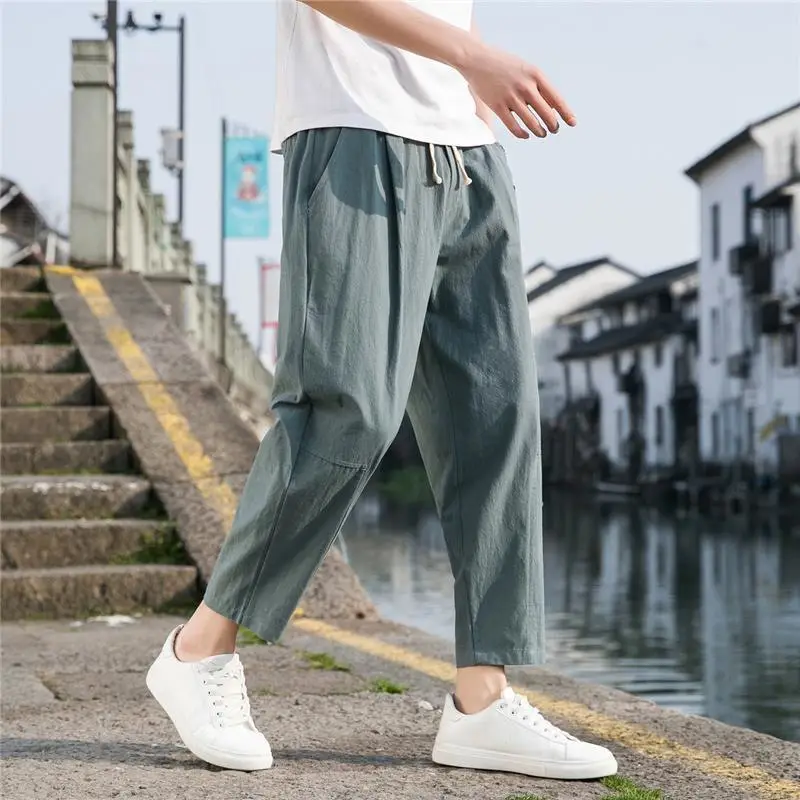 Men Black Cotton Linen Ankle Pants Summer Casual - Image 5