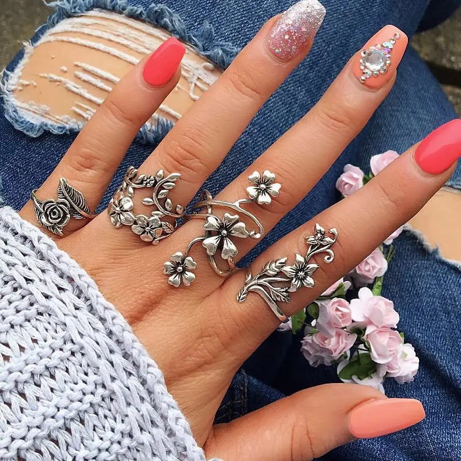 European and American Style Vine Leaf Flower Ring Women's Ring Personalized Antique Silver 4-Piece Set Bohemian Style