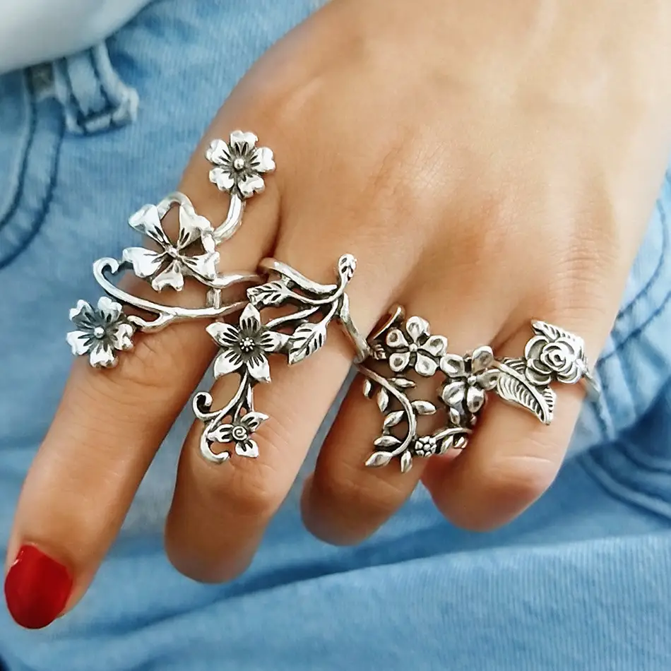 European and American Style Vine Leaf Flower Ring Women's Ring Personalized Antique Silver 4-Piece Set Bohemian Style