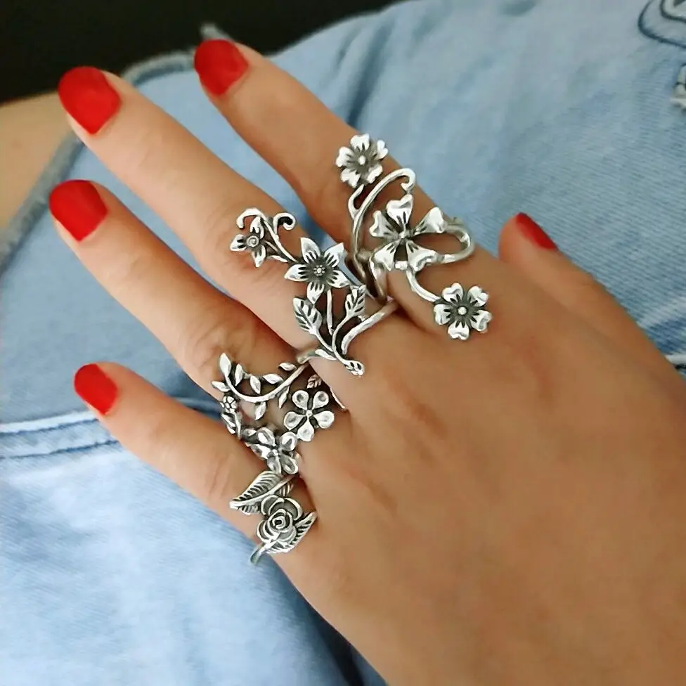 European and American Style Vine Leaf Flower Ring Women's Ring Personalized Antique Silver 4-Piece Set Bohemian Style