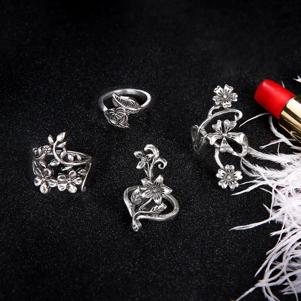 European and American Style Vine Leaf Flower Ring Women's Ring Personalized Antique Silver 4-Piece Set Bohemian Style