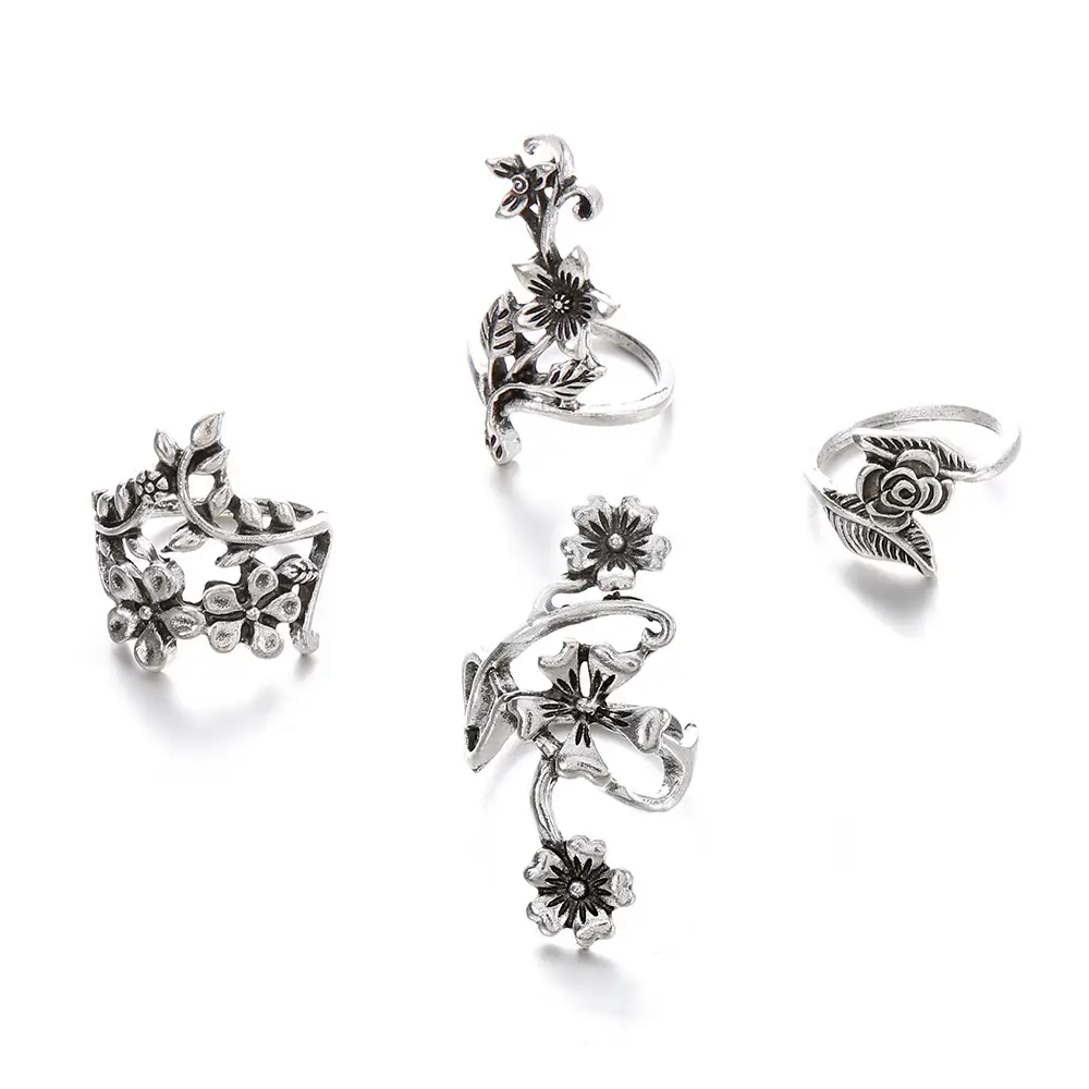 European and American Style Vine Leaf Flower Ring Women's Ring Personalized Antique Silver 4-Piece Set Bohemian Style
