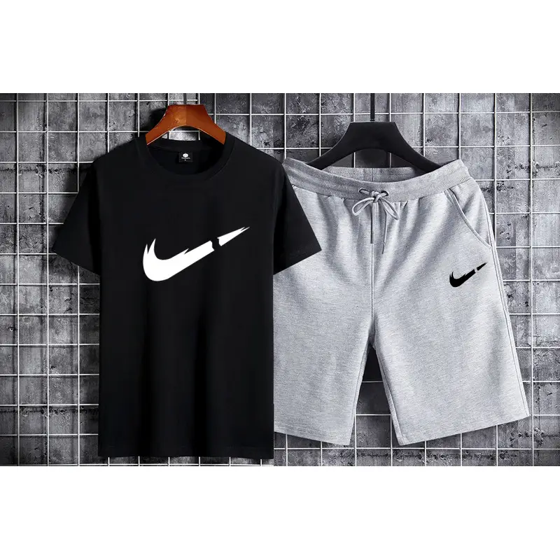 Men Printed Cotton Shorts Set White Gray Nike - Image 8