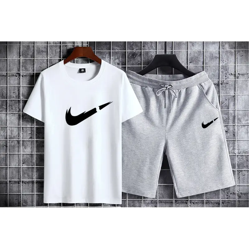 Men Printed Cotton Shorts Set White Gray Nike - Image 2
