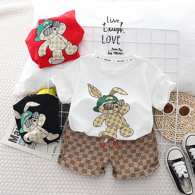 Boys 2Pc Cotton Graphic Shorts Set White Brown - Image 4