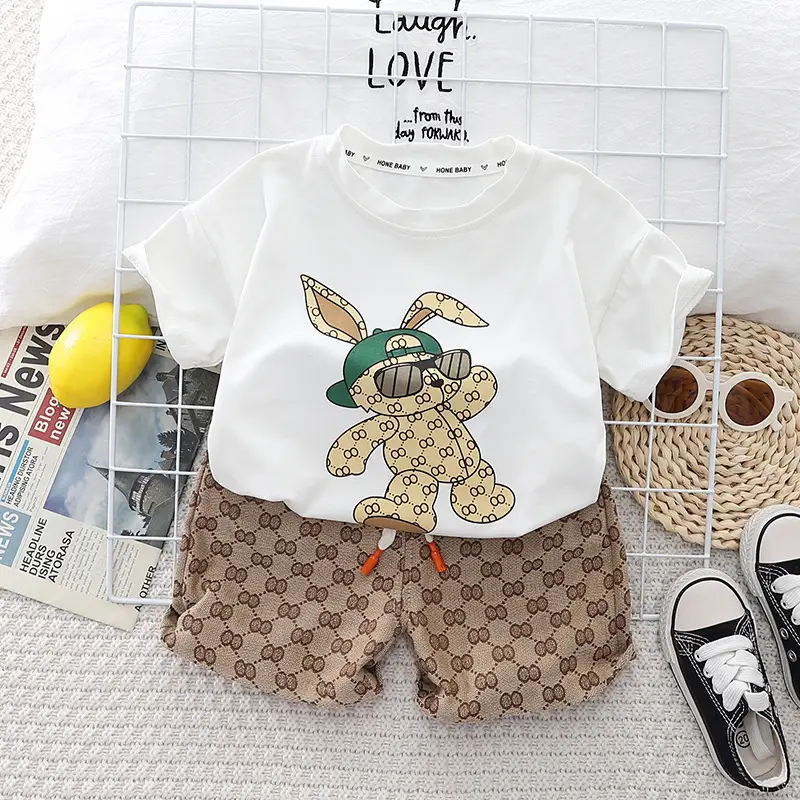 Boys 2Pc Cotton Graphic Shorts Set White Brown - Image 2