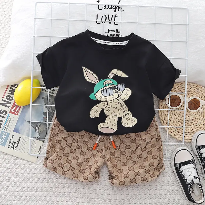 Boys 2Pc Cotton Graphic Shorts Set White Brown - Image 3