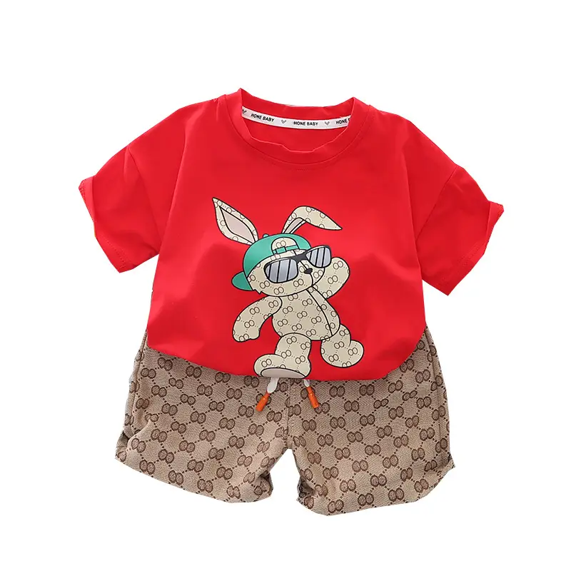 Boys 2Pc Cotton Graphic Shorts Set White Brown - Image 5