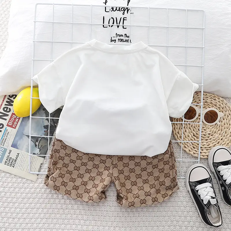 Boys 2Pc Cotton Graphic Shorts Set White Brown — feature 6