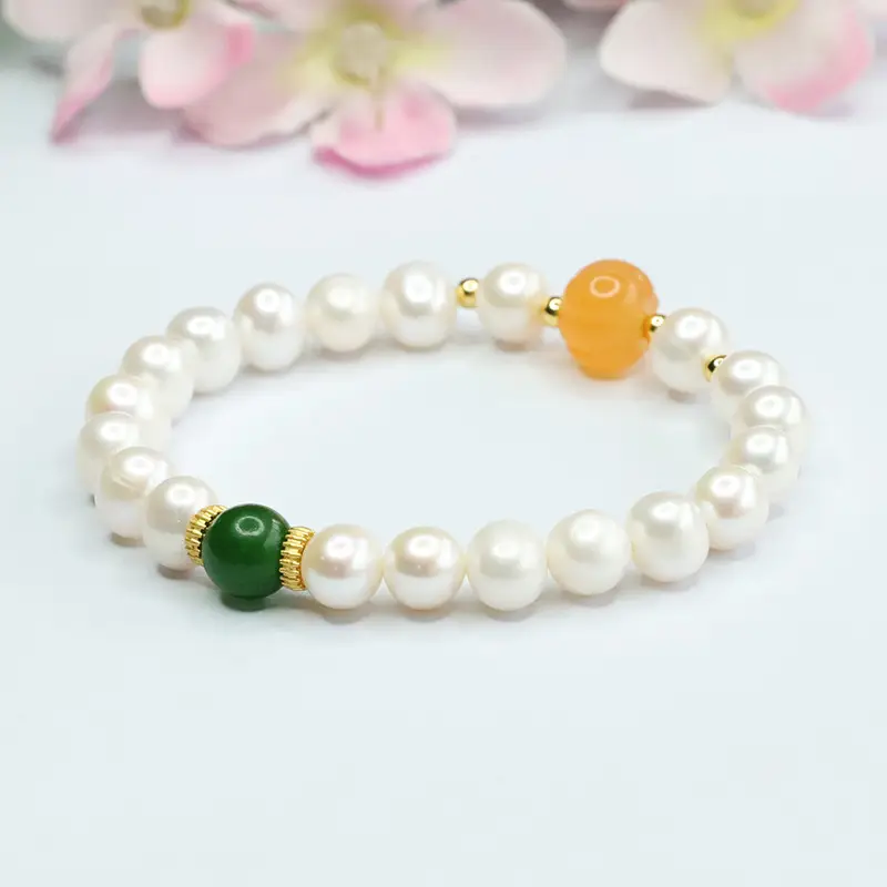 Women's Pearl Bracelet with Green & Orange Beads