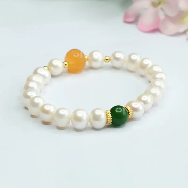 Women's Pearl Bracelet with Green & Orange Beads