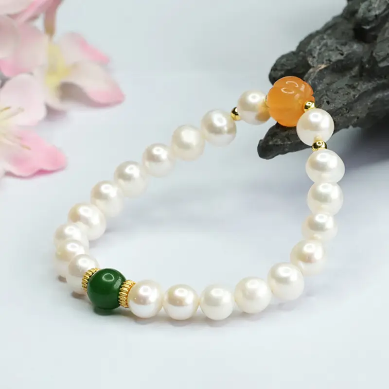 Women's Pearl Bracelet with Green & Orange Beads