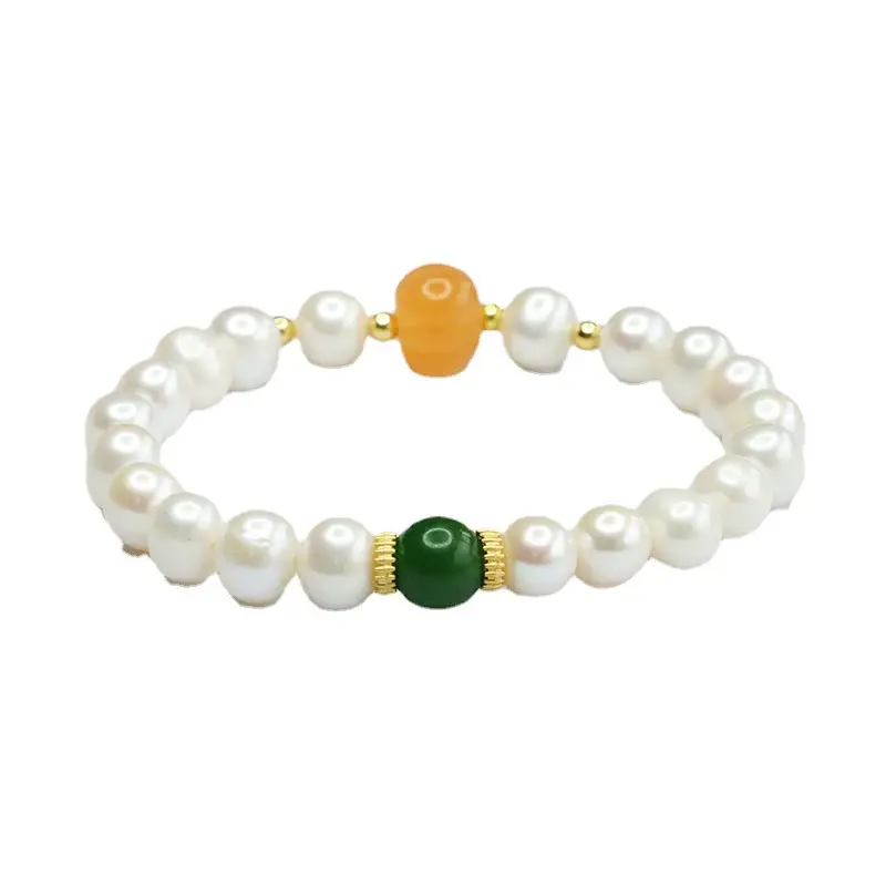 Women's Pearl Bracelet with Green & Orange Beads