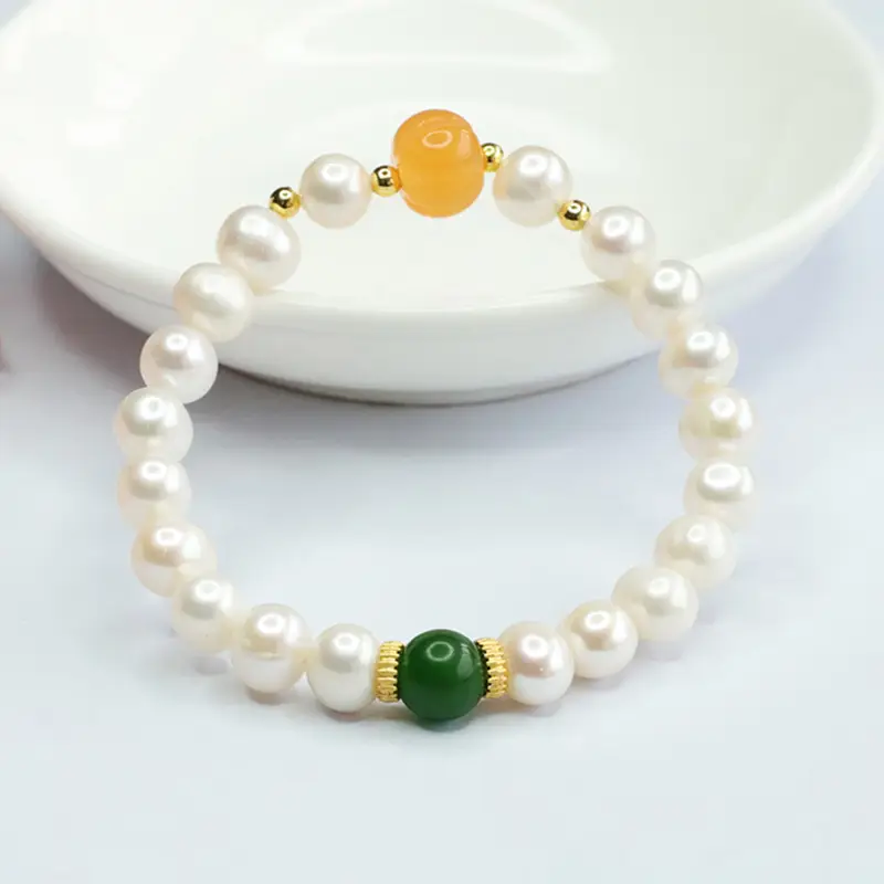 Women's Pearl Bracelet with Green & Orange Beads — feature 7