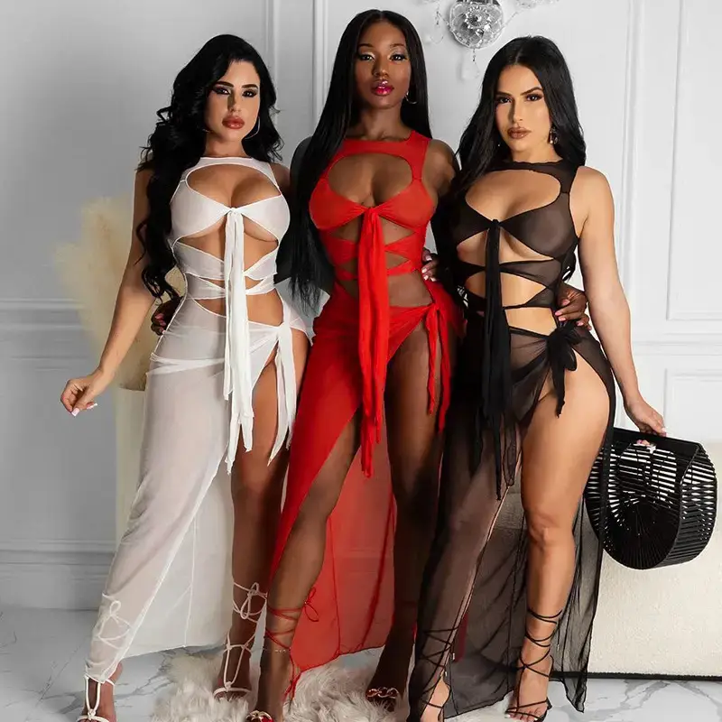 Red Mesh Backless Slim Fit Dress for Women - Image 2