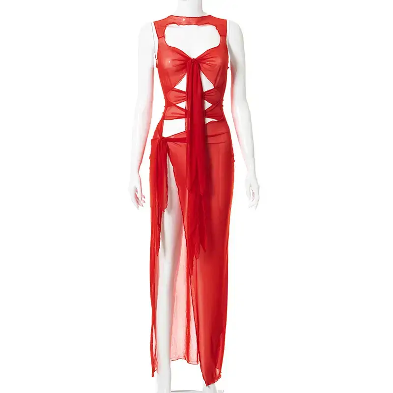 Red Mesh Backless Slim Fit Dress for Women - Image 4