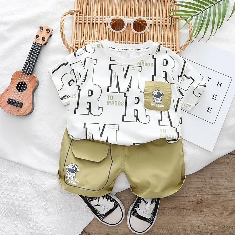 Boys Summer T-Shirt Shorts Set White Olive 2023 - Image 2