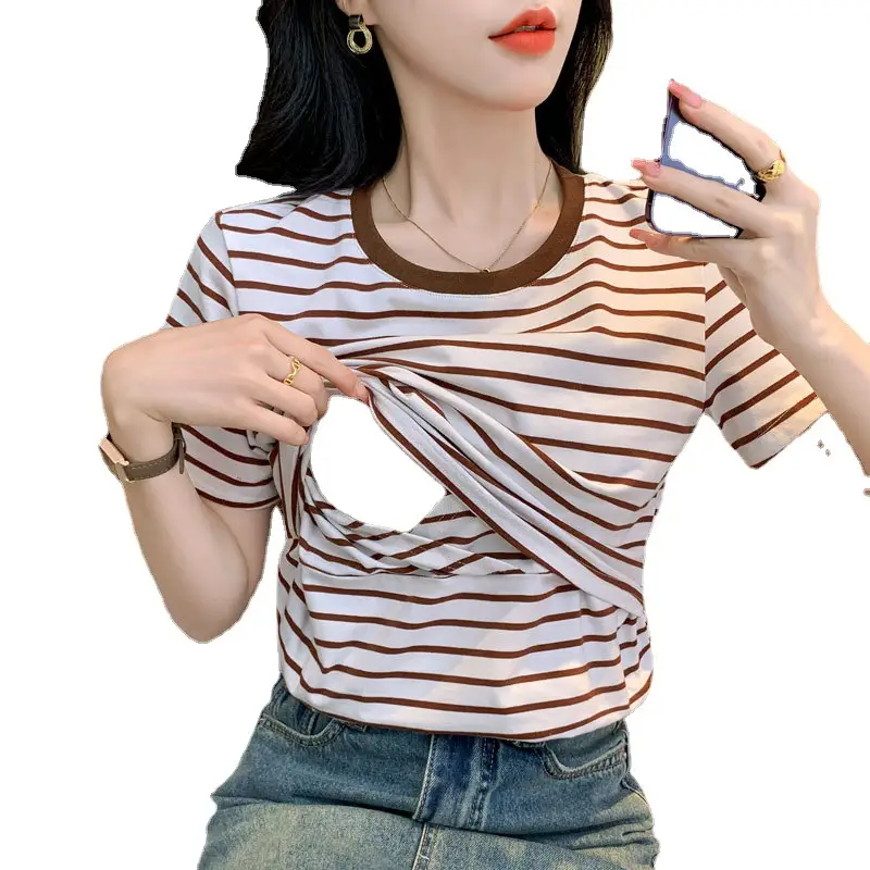 Striped Nursing T-Shirt Green White Summer Hot Mom - Image 5