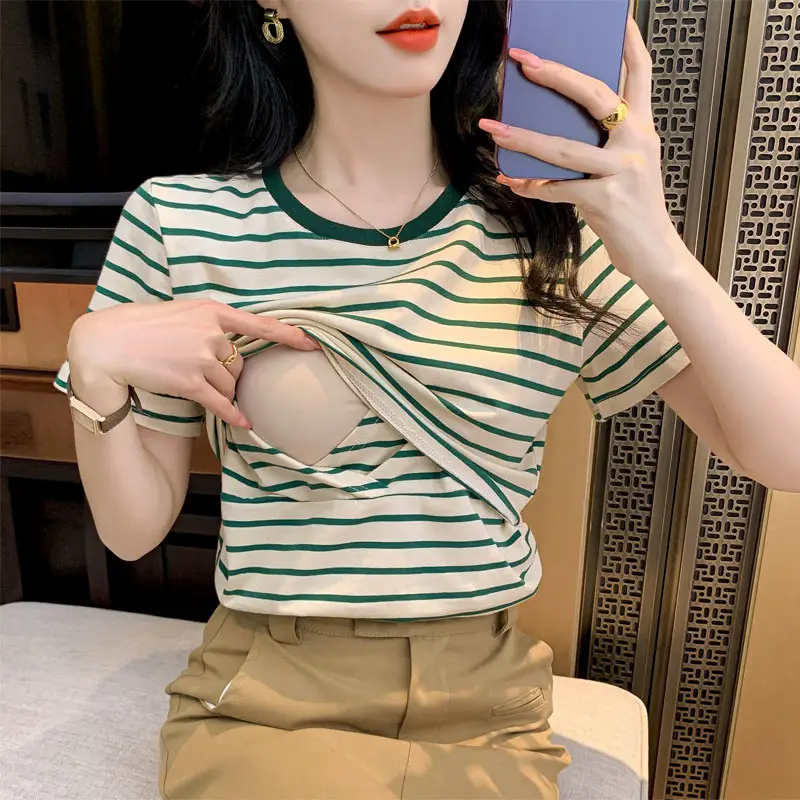 Striped Nursing T-Shirt Green White Summer Hot Mom — feature 11