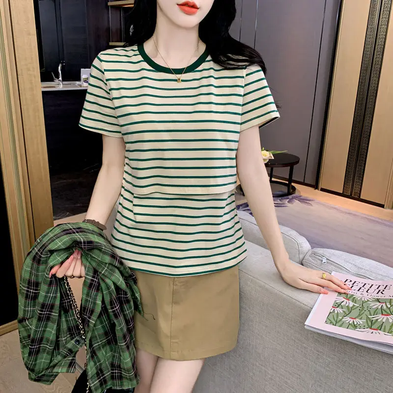 Striped Nursing T-Shirt Green White Summer Hot Mom — feature 12